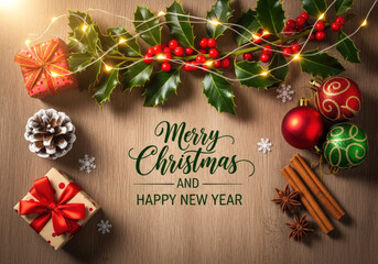 Christmas greeting card with christmas decorations and text Merry Christmas and Happy New Year