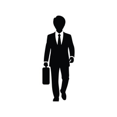 Silhouette of a businessman in a suit carrying a briefcase walking confidently forwards isolated on white background