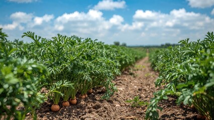 Carrot (Daucus carota) plants in cultivated agricultural field in diminishing perspective, selective focus