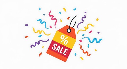 Sale Tag Celebration - Discount Promotion with Confetti and Ribbons.