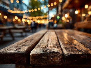 Fototapeta premium Empty wooden table top on blur light golden bokeh of cafe restaurant, bar in a dark background.