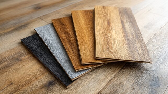 A collection of wooden flooring samples in various colors and textures arranged on a wooden surface, ideal for interior design inspiration.