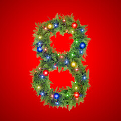 A Christmas wreath adorned with lights and a number 8.