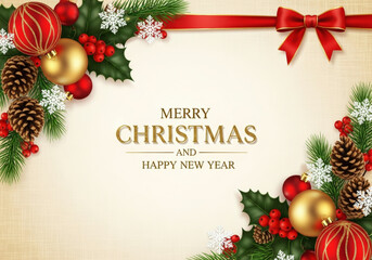 Christmas greeting card with christmas decorations and text Merry Christmas and Happy New Year