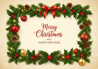 Christmas greeting card with christmas decorations and text Merry Christmas and Happy New Year