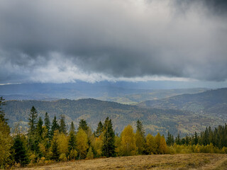 Misty Autumn Rain Clouds over Ukrainian Carpathian Mountains.