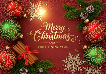 Christmas greeting card with christmas decorations and text Merry Christmas and Happy New Year