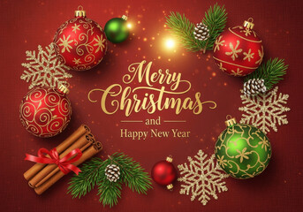 Christmas greeting card with christmas decorations and text Merry Christmas and Happy New Year