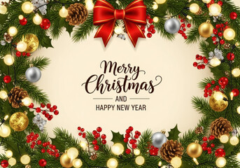 Christmas greeting card with christmas decorations and text Merry Christmas and Happy New Year