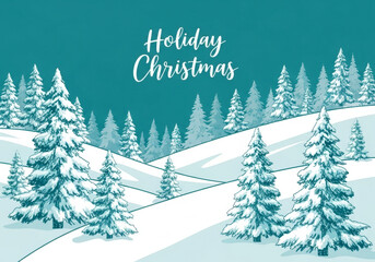 Hand drawn winter landscape Holiday, Christmas card. Illustration of sketched snow covered Christmas trees