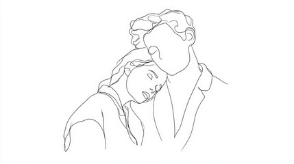 Two figures share a tender moment showcasing intimacy through simple line art and subtle details.