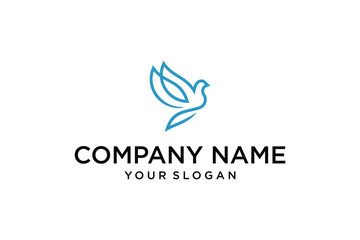 Blue Minimalist Dove Bird Logo Design, Abstract Flying Pigeon Icon for Peace and Freedom Concepts on White Background