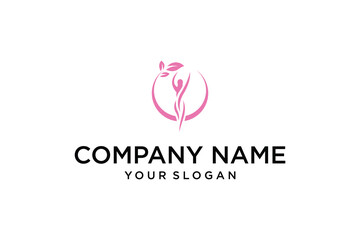Pink Wellness Beauty Yoga Logo Design with Stylized Human Figure and Leaves in Circle