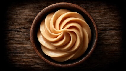 Fototapeta premium Top-down shot of a golden-brown creamy swirl, possibly peanut butter, caramel, or dulce de leche, artfully arranged in a dark wooden bowl on a rustic wood background,
