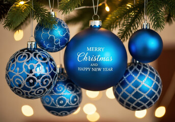 Merry Christmas and Happy New Year. Hanging blue Xmas decorative balls Festive realistic decor