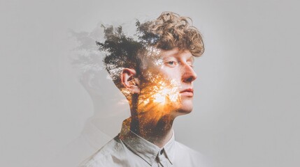 double exposure of a young man overlaid with cracked wall texture, symbolizing emotional exhaustion and inner conflict. Subtle warm light highlights endurance and hope. Clean space for text 