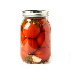 Pickled red tomatoes in jar on a white background