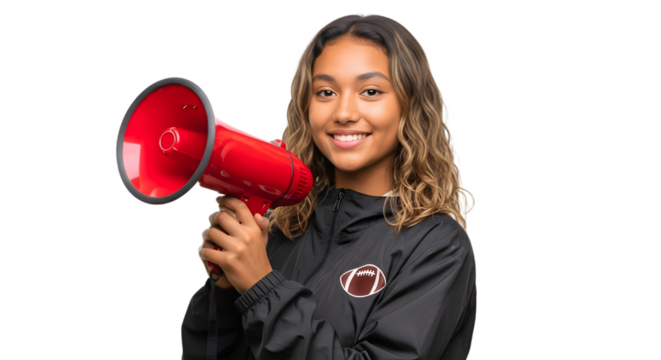 A smiling young woman holds a red megaphone, possibly promoting or cheering.  - Powered by Adobe