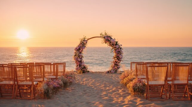 A stunning beach wedding scene features a floral arch and rows of elegant chairs as the sun sets.