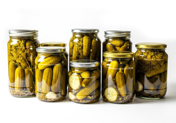 Pickled cucumbers in jars on a white background