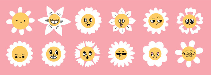 Groovy flowers, retro, y2k style. Simple flat vector illustration.