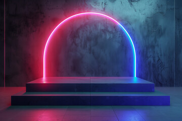 A neon lighted archway with red and blue lights. Cyber Monday, sale, purchase, black friday