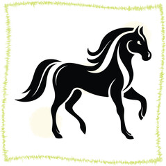 Elegant black horse silhouette on white background framed with a textured green border perfect for equine enthusiasts and designs needing a touch of grace and sophistication