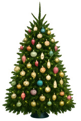 Christmas Tree Decorated with Multicolored Ornaments and White Lights on White Background