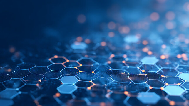 Hexagon medical tech background with honeycomb patterns and blue science motifs. Abstract 3D molecule textures for biotech research or nano network designs. Futuristic mesh grids or chemica 34259600 1