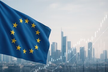 European Union flag waving against a modern city skyline with financial growth chart overlay, symbolizing European economy, market development, investment and business success in the EU