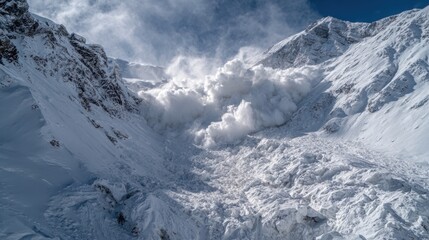 Obraz premium A powerful avalanche rushes down the slopes sending snow clouds into the air. The surrounding mountains are majestic and white.