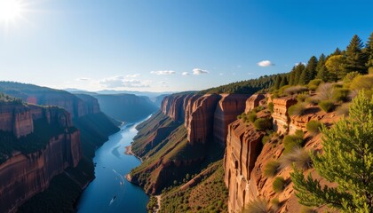 Breathtaking view of steep canyon overlooking river nature photography scenic landscape wide-angle perspective