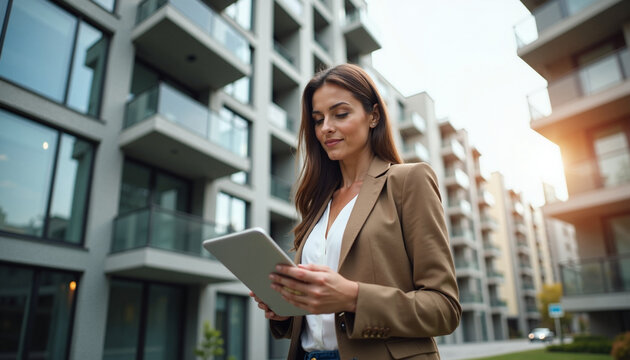 Modern apartment living with young woman using digital tablet outside buildings. Modern apartment scene showcasing stylish female professional working remotely.