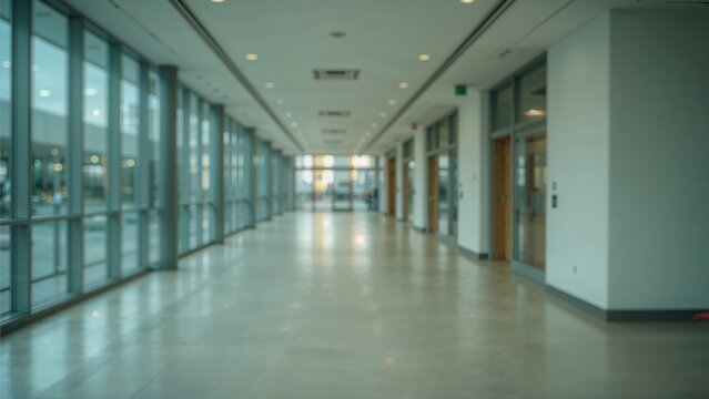 Empty office building lobby or school hallway corridor interior with glass curtain wall and exterior light illumination, looking toward an entrance.