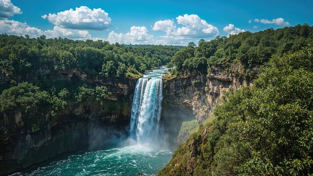 An azure waterfall surrounded by emerald greenery, captured on a summer day
