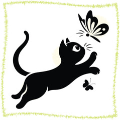 Cute black cat chasing playful butterflies on a bright day whimsical illustration vector graphic ideal for childrens books and animal lovers celebrating friendship and curiosity