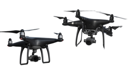 Modern Black Quadcopter Drone Hovering, Futuristic Technology Isolated on Transparent Background