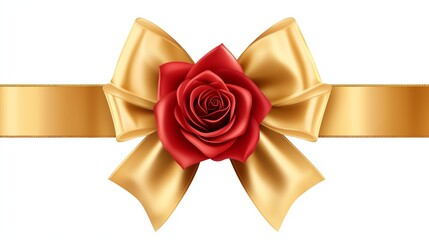 a gold ribbon bow with a red rose in the center, photorealistic design, clean and elegant, isolated on white background