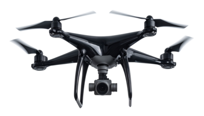 Modern Black Quadcopter Drone Hovering, Futuristic Technology Isolated