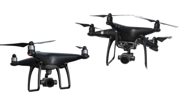 Modern Black Quadcopter Drone Hovering, Futuristic Technology Isolated on Transparent Background