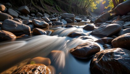 Fototapeta premium Smooth rushing water flows over rocks in serene nature stream captured in tranquil forest setting close-up view