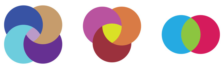 Modern isolated Venn diagram icons set on white background. Infographics vector flat diagram set on white page. 