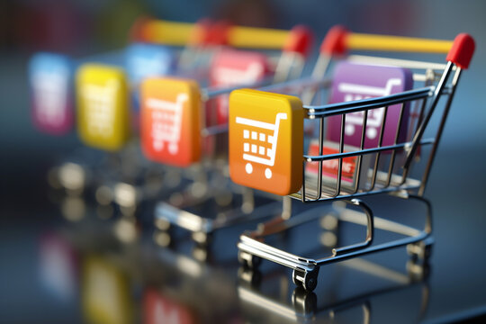 A shopping cart with a red handle is shown in a row of shopping carts. Cyber Monday, sale, purchase, black friday