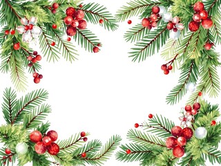 Watercolor christmas frame featu evergreen branches with vibrant red berries and delicate white flowers on a clean white background, festive and decorative.