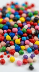 Obraz premium A close-up showcases a scattered assortment of small, vibrantly colored candies. They are piled together, creating a textured and dynamic pattern