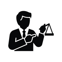 Lawyer attorney man silhouette holding scales of justice indicating legal balance and fairness concept isolated on white background