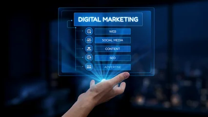 Fotobehang Beren A futuristic hand displaying a digital marketing dashboard featuring key elements like web, social media, content, SEO, and advertising strategies for businesses. Synapse  © InfiniteFlow