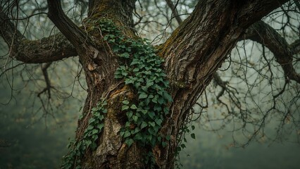 Ivy creeping over an old bark tree with dense foliage and textured bark.