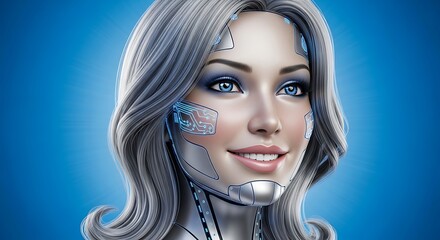A close-up portrait of a woman with silver hair and metallic accents on her face. Bright blue background