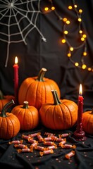 Many small pumpkins and candles on a table halloween holiday vertical background